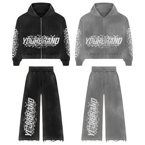 Conjunto de Sudadera con Capucha y Pantalones Deportivos Unisex Personalizados, de Corte Holgado, Lavado Ácido, con Cierre de Cordón, Estampado en Serigrafía, Poliéster/Algodón - Product Image 1