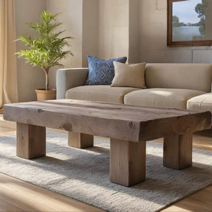 Mesa de Centro Moderna Minimalista de Madera Maciza con Tapa Gruesa, Patas Robustas y Acabado con Textura Natural Elegante - Product Image 1