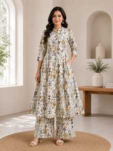 Ensemble Kurta Plazo pour femme en coton blanc cassé imprimé, coupe trapèze, manches trois quarts, col mandarin, motif géométrique, tenue décontractée ethnique - Product Image 6