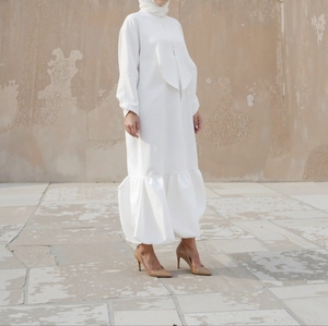 New2026 White Cotton Abaya With Ruffle Hem Long Sleeve Loose Fit Midi Length Modest Dress For Women Middle Eastern Style - Product Image 4