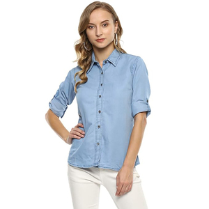 Camisa de Mezclilla con Cuello Alto 100% Algodón Orgánico para Mujer, Corte Ajustado, Manga Corta, Informal, de Verano, para Oficina - Product Image 1