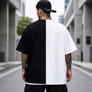 Camiseta de Hombre Bicolor Negra y Blanca, Estilo Color Block, Algodón, Casual, Streetwear, Verano - Product Image 4