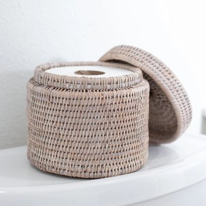 Handmade round rattan paper holder tissue storage <b>box</b> desk & <b>vanity</b> lidded basket organizer - Product Image 2