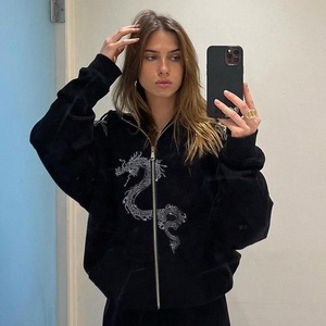 Sudadera con capucha personalizada con diamantes de imitación para mujer, sudadera gótica con cremallera estilo callejero de gran tamaño para mujer 2023 - Product Image 3