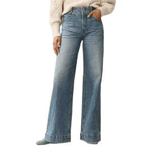 Jean plissé pour femme coupe super ample et fuselée, taille mi-haute, respirant, délavage vintage, noir, style décontracté, en denim - Product Image 1