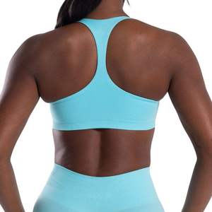 Custom Logo Light Blue Sports <b>Bra</b> Women V Neck Thin Strap Seamless Workout <b>Crop</b> <b>Top</b> Fitness Gym Set Activewear Wholesale - Product Image 3