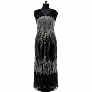 Luxury Black <b>Silver</b> Sequin Evening Gown Sleeveless Round Neck Fringe Hem Formal Party Cocktail Maxi <b>Dress</b> Elegant Glamorous Wear - Product Image 1