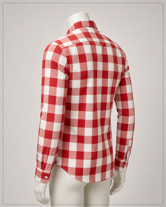 Camisa a cuadros roja y blanca premium personalizada para hombre, de manga larga, de algodón, con botones, de franela, con bolsillo, informal, de corte ajustado. - Product Image 3