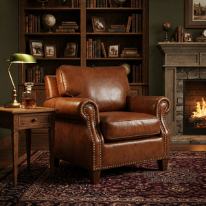 Fauteuil vintage en cuir véritable marron cognac avec accoudoirs roulés, garniture cloutée et pieds en bois - Product Image 6