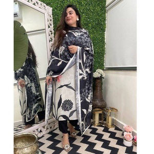 Kurti droit en viscose rayonne noir et blanc pour femme, le plus vendu, avec pantalon et ensemble dupatta à imprimé numérique - Product Image 1