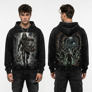 <b>Black</b> Acid Wash Hoodie Men Gas Mask Zombie Graphic Print Heavyweight <b>Fleece</b> Streetwear Pullover Custom Vintage Wash Hoodie Shop - Product Image 1