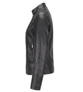 Women's Black <b>Leather</b> Bomber <b>Jacket</b> Crew Neck Quilted Shoulder Panels Front Zipper Zip Pockets Cotton Quick Dry Breathable - Product Image 3