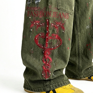 Jean en denim pour homme style américain, orné de strass, imprimé tie-dye, coupe ample et droite, tendance streetwear - Product Image 3