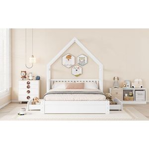 Letto a piattaforma in legno bianco queen size con sponda di sicurezza e 2 cassetti per la cameretta dei bambini - Product Image 4