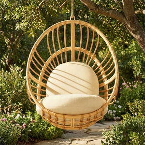 Chaise d'extérieur moderne en rotin et teck, fabriquée de manière durable, chaise suspendue en rotin durable, siège de balançoire de patio avec support - Product Image 5