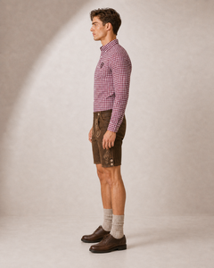 ชุดเสื้อเชิ้ตลายสก็อตพร้อมกางเกงหนังสีน้ำตาลแบบ Lederhosen สำหรับผู้ชาย สไตล์เยอรมันแบบดั้งเดิมสำหรับเทศกาล Oktoberfest ของบาวาเรีย - Product Image 2