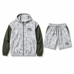 Ekin Impex Men's Hooded <b>Zip</b>-<b>Up</b> <b>Jacket</b> and Shorts Set Grey Camo Print Regular Fit Breathable Casual DTF Print Summer Wear - Product Image 1