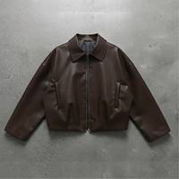 Veste en cuir PU marron pour homme, fermeture éclair, col rabattu, coupe courte, style décontracté, pour l'automne