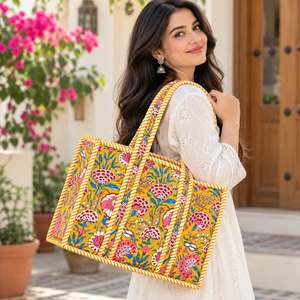 Bolsa de Mano de Lona de Algodón con Bordado Floral, Cierre de Cremallera, Gran Capacidad, Color Personalizado, Estilo Clásico, para Compras, Todas las Temporadas - Product Image 2