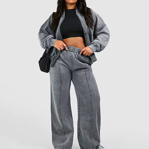 Women's <b>Oversize</b> Tracksuit Cropped Full Zipper Hoodie <b>Sweatpants</b> Flare Distress Embroidery Solid Stand Washed Jogging - Product Image 1
