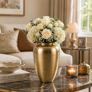 Vase à fleurs en laiton artisanal, vase décoratif en métal, finition texturée, décoration d'intérieur, centre de table, arrangement floral, décoration de mariage - Product Image 3