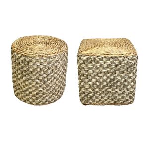 Colección de Otomanas TWILIGHT Tejidas a Mano con Doble Textura de Seagrass y Jacinto, Tapizadas en Tela, Puf para Sentarse - Product Image 1