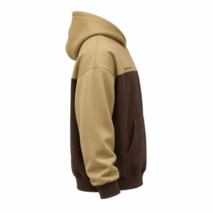 Custom 320 GSM Camel <b>Tan</b> Dark <b>Brown</b> Color Block Cotton Polyester Pullover Fleece Hoodie With Screen Printed Logo - Product Image 3