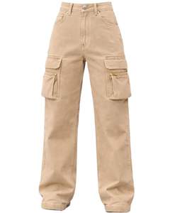 กางเกงยีนส์คาร์โก้เอวสูงสีเบจแบบสั่งทำพิเศษ ทรงขากว้าง มีกระเป๋าซิป สไตล์สตรีทลำลองสำหรับผู้หญิง ทรงหลวม รับผลิตแบบ OEM - Product Image 1