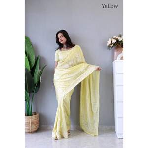 SICHE RICHE CHINON SOIE BRODERIE TRAVAIL SAREE AVEC CHEMISIER NON COUDU JAUNE - Product Image 1