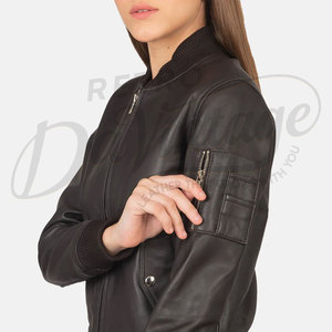 Women Black Genuine Leather <b>Bomber</b> <b>Jacket</b> Slim Fit MA1 Flight Style Premium Sheepskin Casual Winter Outerwear Fashionable Coat - Product Image 3