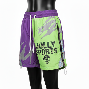 Shorts cortavientos de poliéster taslan premium de 135 GSM, morados con paneles verdes, bolsillos cargo de malla, sublimación, logotipo personalizado, shorts para mujer - Product Image 3