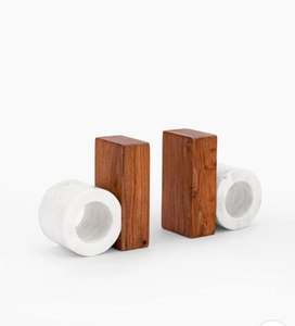 Porte-livres en bois naturel 20x20 cm avec base en marbre, support décoratif pour étagère, maison, bureau, table, au meilleur prix abordable - Product Image 2