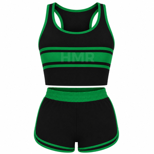 Ensemble sportif 2 pièces HMR Sorority Sisterhood, haut court rayé noir et vert, short, coupe sportive, longueur normale, tissu respirant en maille - Product Image 5
