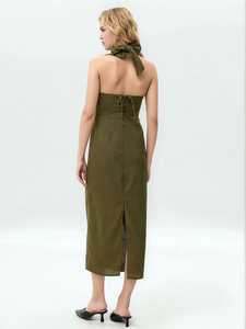 Elegant V-Neck <b>Spaghetti</b> <b>Strap</b> Maxi Dress Olive Green Linen Eco-Friendly Plain Dyed Washable Loose Fit All Seasons Party Dress - Product Image 2