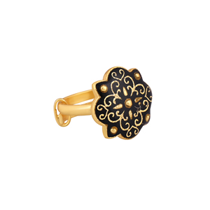 Women Gold Plated <b>Adjustable</b> Finger <b>Ring</b> with Black Enamel Floral Pattern Designer Jewelry Gift Wedding Wear - Product Image 3