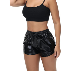 Shorts Negros de Cintura Alta en PU con Cordón Ajustable, Cintura Elástica y Acabado Satinado, Shorts Sexys para Mujer para Club - Product Image 3