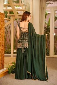 Conjunto de top de georgette sintético con bordado y encaje de diseñador, pantalón palazzo y dupatta, completamente cosido y listo para usar. - Product Image 5