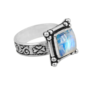 Bague Gourik en argent sterling 925 avec pierre de lune arc-en-ciel, style bohème du Sud-Ouest, sertie d'une pierre précieuse carrée, pour usage quotidien, oxydée - Product Image 2