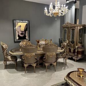 Juego de Comedor de Alta Gama Europeo de Madera Maciza de Caoba, Color Marrón Oscuro con Detalles Dorados, Muebles de Lujo para Comedor de Villa o Apartamento - Product Image 1