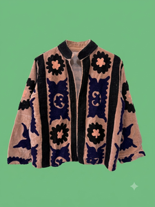 Luxury Women's Y2K Flocking <b>Velvet</b> <b>Blazer</b> Stand Collar Floral Pattern Thick Winter Windproof - Product Image 1