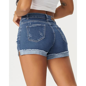 Short en jean déchiré taille haute, délavage usé, ourlet effiloché, cinq poches, style décontracté, tissu en coton bleu - Product Image 3