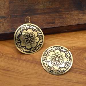 Wholesale Indian Handcrafted Brass Floral Mandala <b>Disc</b> Earrings | Antique <b>Gold</b> Tone Engraved Round Dangle Ethnic Fashion Jewelry - Product Image 3