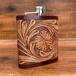 Wholesale Hand Tooled Leather Hip Flask Western Floral Genuine Leather 8oz Flask Cover Top Grain Leather Stainless Steel Flask - Product Image 2