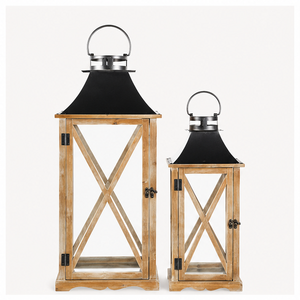 Wholesale Set of 2 Rustic Farmhouse Wooden Metal Candle <b>Lanterns</b> <b>Large</b> Decorative Floor Hurricane <b>Lanterns</b> for Indoor Outdoor - Product Image 3