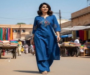Ensemble Kurta en Coton Brodé pour Femme, Bleu, Longueur Genou, Coupe Classique, Style Traditionnel Indien et Pakistanais, Tenue Décontractée d'Été, Séchage Rapide - Product Image 3