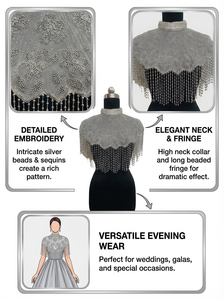 Capa de hombros Ellora para mujer, plateada con flecos de cuentas, cuello alto, bordado de malla, accesorio para vestido de noche, fiesta o boda, de nailon - Product Image 6