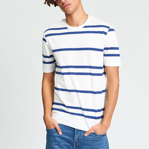 T-shirt en coton rayé pour homme, personnalisable OEM/ODM, vente en gros, T-shirt en jersey épais rayé bleu et blanc de haute qualité, respirant - Product Image 1