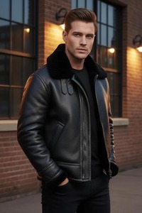 <b>Mens</b> Black Genuine <b>Leather</b> B3 Aviator Bomber <b>Jacket</b> <b>Faux</b> Fur Collar Winter Coat - Product Image 3