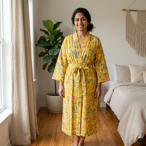 Bata Kimono de Algodón Estampada a Mano para Mujer, Bata Larga Floral con Cuello en V y Manga Larga, Ropa de Estar por Casa, Bata para Spa y Resort - Product Image 2