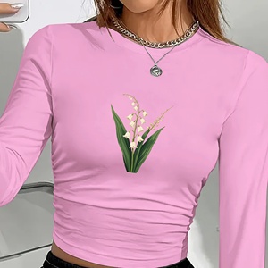 Camiseta de Manga Larga para Mujer con Estampado Botánico de Lirio de los Valles, Estilo Y2K, Cuello Redondo, Manga Larga, Corte Regular, Spandex, Poliéster - Product Image 4